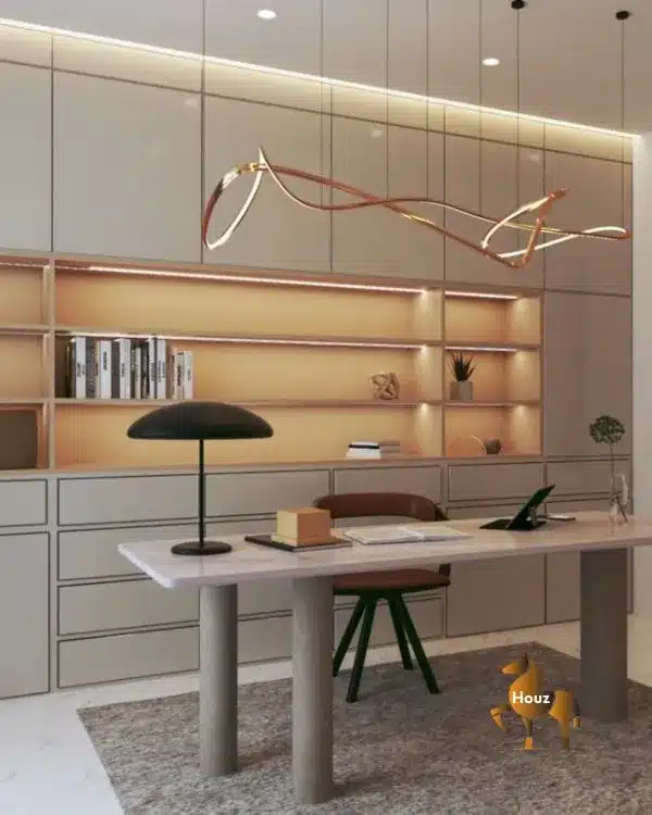 home-office-design-malaysia Sleek home office in Malaysia with custom made desk and built-in storage. Modern pendant light and luxury interior design