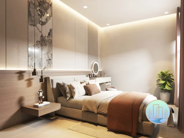 Modern bedroom interior featuring a low platform bed, soft lighting, a marble accent wall, and light wood paneling.