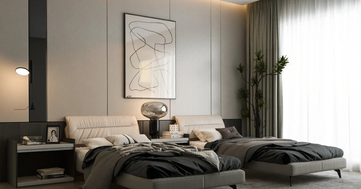 Modern bedroom interior featuring two twin beds with dark gray bedding, a shared nightstand with a sculptural lamp, and an abstract line art print on a paneled wall in Damansara Heights.