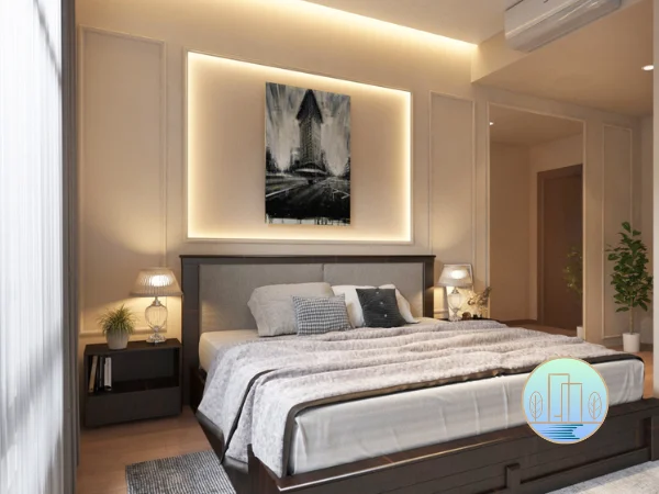 Modern classic bedroom featuring a dark wood bed frame, neutral bedding, and back-lit wainscoting wall paneling showcasing black and white abstract art.