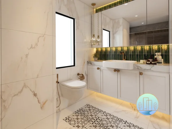Modern classic luxury bathroom featuring white marble walls, a floating white vanity with gold hardware, a rectangular mirror, and green tiled backsplash illuminated by warm lighting.