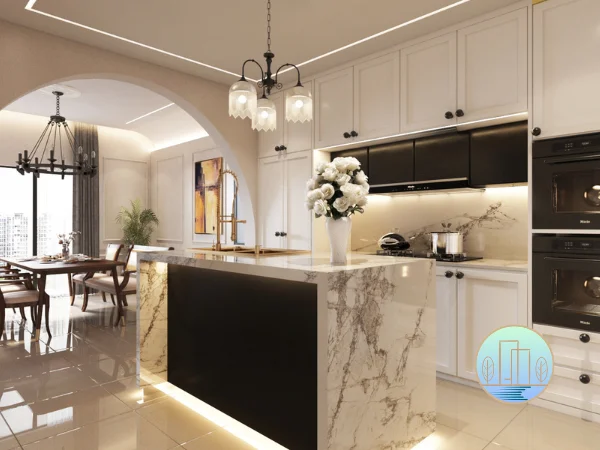 Modern classic luxury kitchen featuring white cabinetry, a marble island with black paneling, and an open archway leading to a formal dining area.