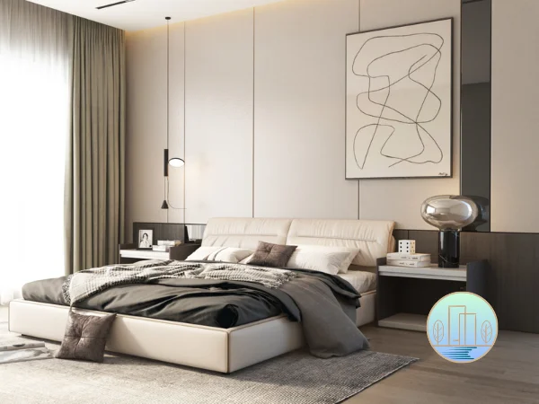 Modern bedroom with light wood furniture, a dark blue accent wall featuring two framed prints, and a gray indoor hammock hanging near the foot of the bed.