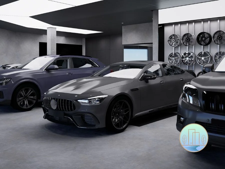 high end commercial design for tyre shop Three luxury vehicles are displayed inside a modern showroom with alloy wheels mounted on a nearby display wall.
