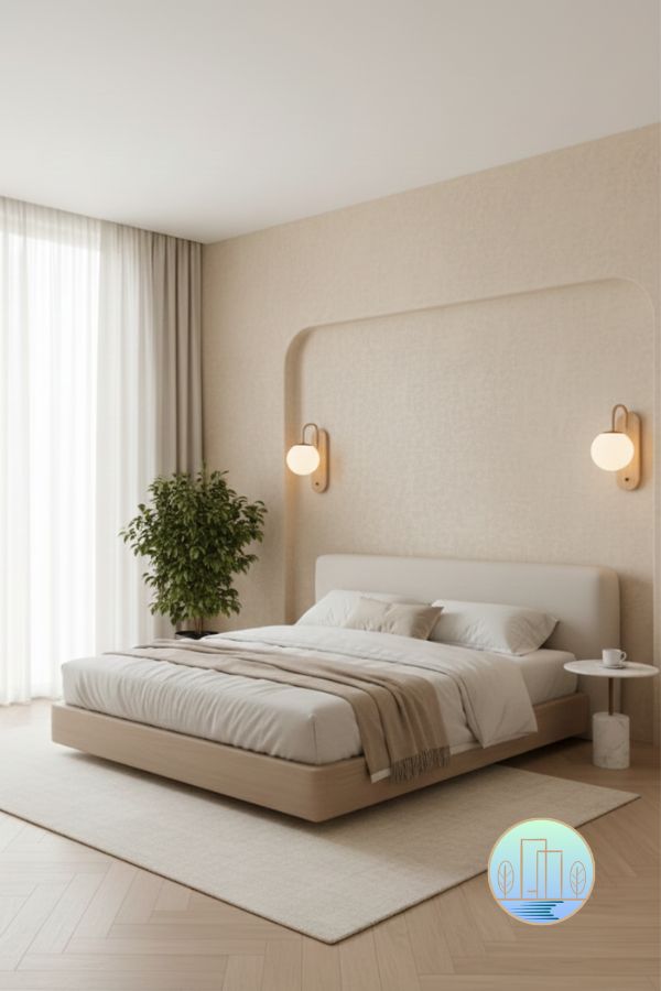 Modern-Cozy-bedroom-herringbone-floor with nordic gold ascent wall light
