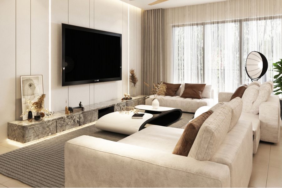 setia-sky-residence-interio-design-and-build-living-room with cotton wall panel and ambient light. Modern coffee table and comfortable off white sofa