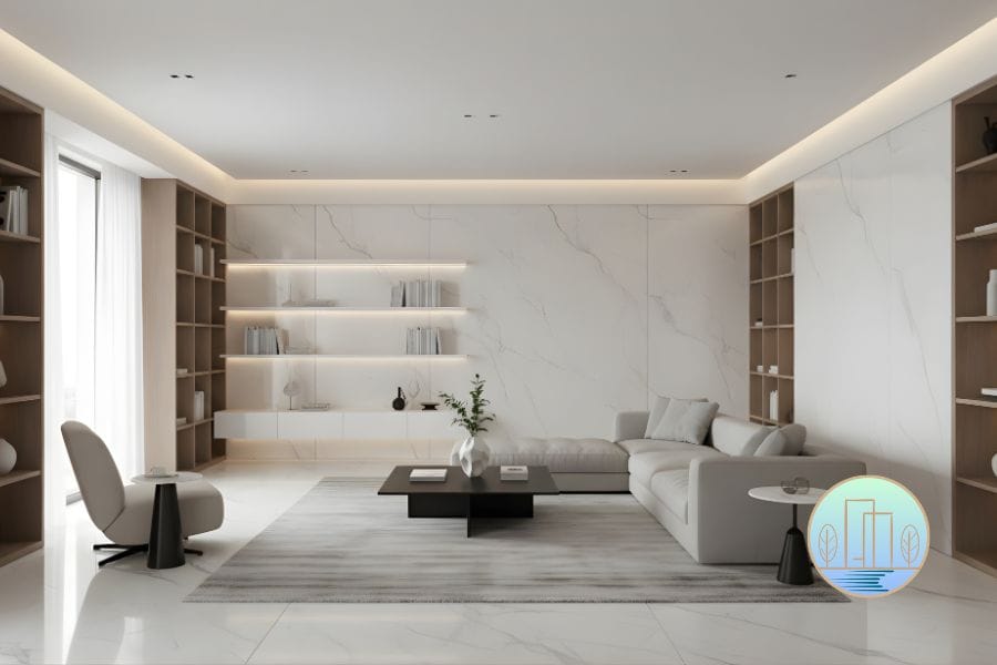 A luxurious modern entertainment room designed by Houz Design. Features a large white marble feature wall with floating illuminated shelves, flanked by tall wooden bookshelves. A low-profile grey sectional sofa sits on a striped area rug, complemented by a black minimalist coffee table and a stylish accent chair. The room is bathed in soft cove lighting against a bright white floor