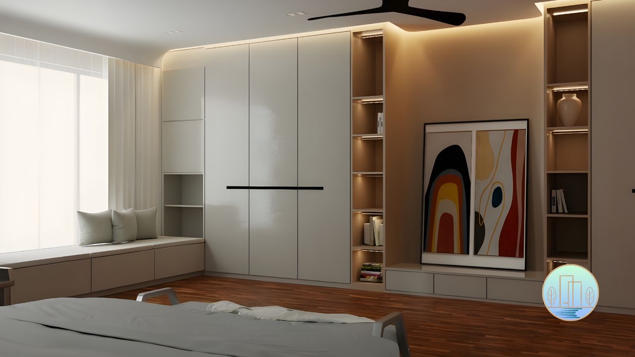 Master bedroom wardrobe and cozy window reading bench in a luxury Mont Kiara apartment featuring integrated gallery lighting