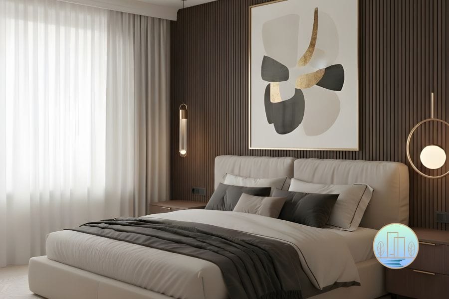 Modern Luxury master bedroom design with fluted wall panel. Modern pendant light
