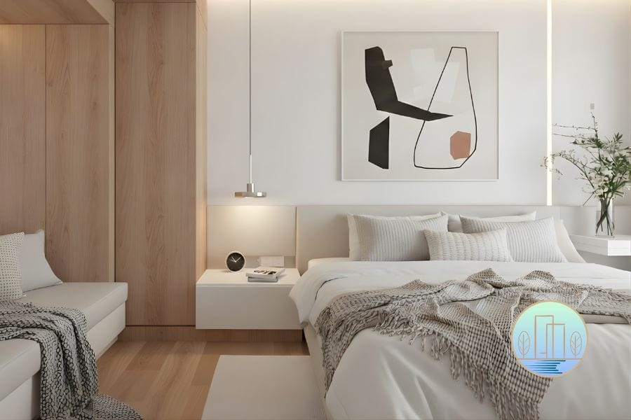 Space-saving elegance. This secondary bedroom utilizes a bespoke timber wrap-around unit that creates a cozy reading nook and integrated storage. The neutral palette and abstract art maintain a sense of airy spaciousness despite the functional density.