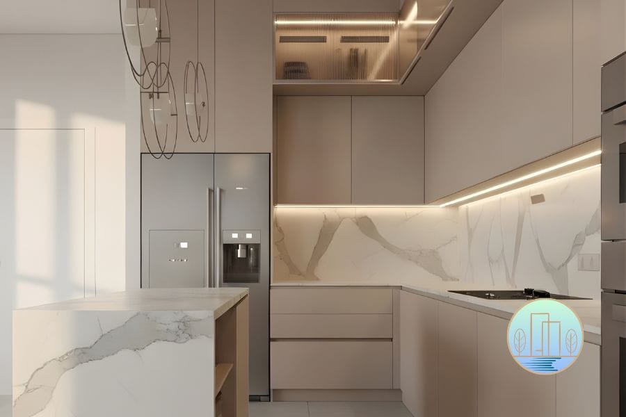 A luxury modern dry kitchen by Houz Design featuring warm beige handleless cabinets and a large marble waterfall island. The space includes a matching marble backsplash, integrated stainless steel refrigerator, and built-in oven. Soft LED lighting glows beneath the upper cabinets, highlighting the grey veining in the marble. The overall look is clean, elegant, and minimalist.