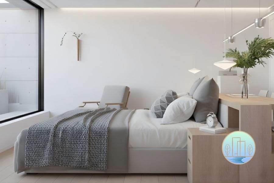 A serene modern minimalist master bedroom designed by Houz Design. The room features a bed with white and grey textured linens, a custom light-wood built-in wardrobe, and a floating white nightstand with a minimalist clock. A large abstract line-art piece hangs above the bed, illuminated by a sleek silver pendant light. The overall aesthetic is warm, clean, and Japandi-inspired.