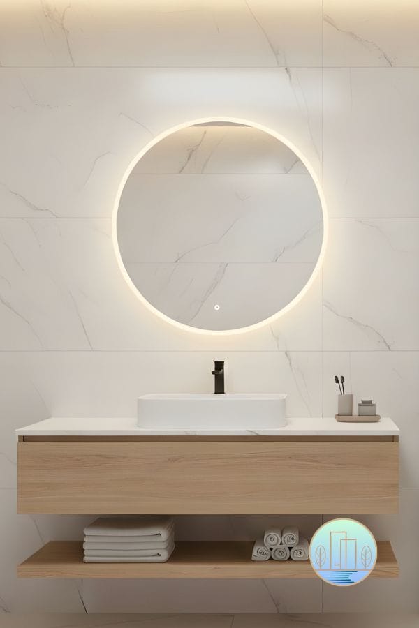 Modern-minimalist-bathroom-design with round mirror