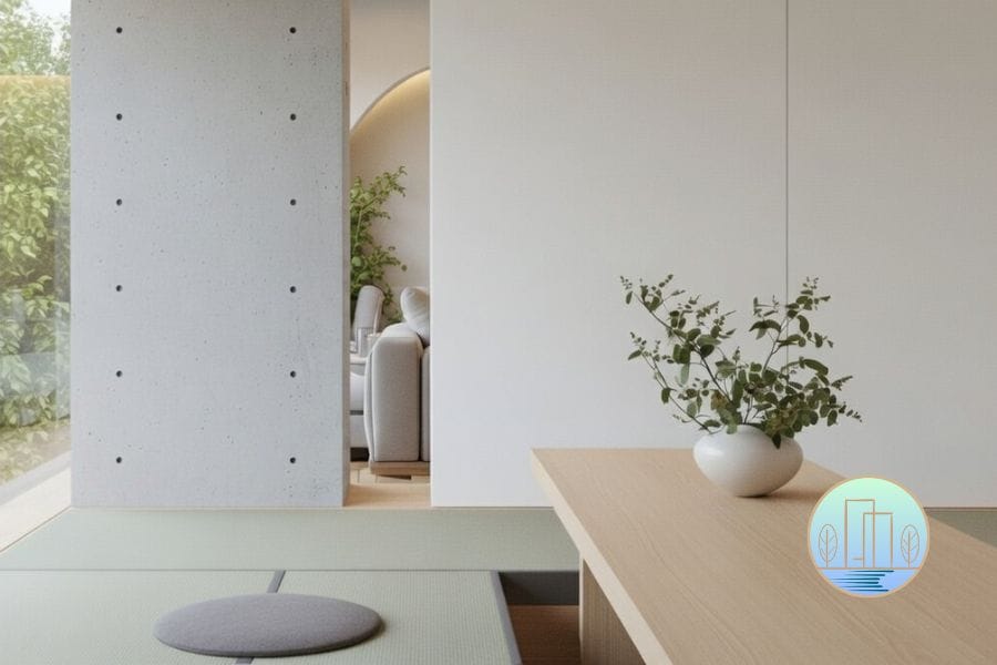 The standout moment of the home is the dedicated tea room. It’s a nod to Eastern philosophy, featuring tatami-style flooring and low-slung furniture. The juxtaposition of a raw, industrial concrete pillar against the soft, sage-green floor mats is a stroke of genius—it’s a reminder that even in a minimalist home, there is room for the raw and the real.
