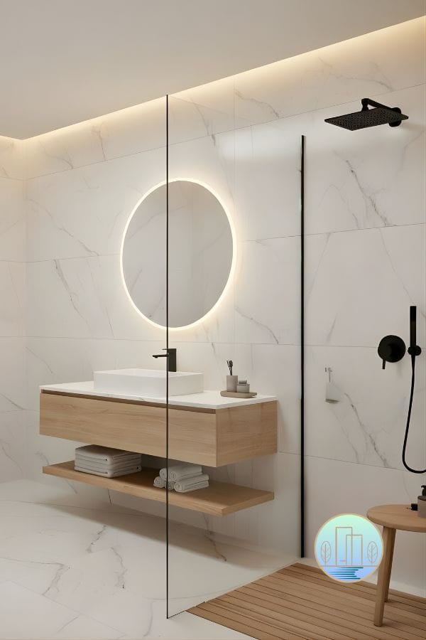 Modern-minimalist-white-marble-bathroom-design-with-black-bathware