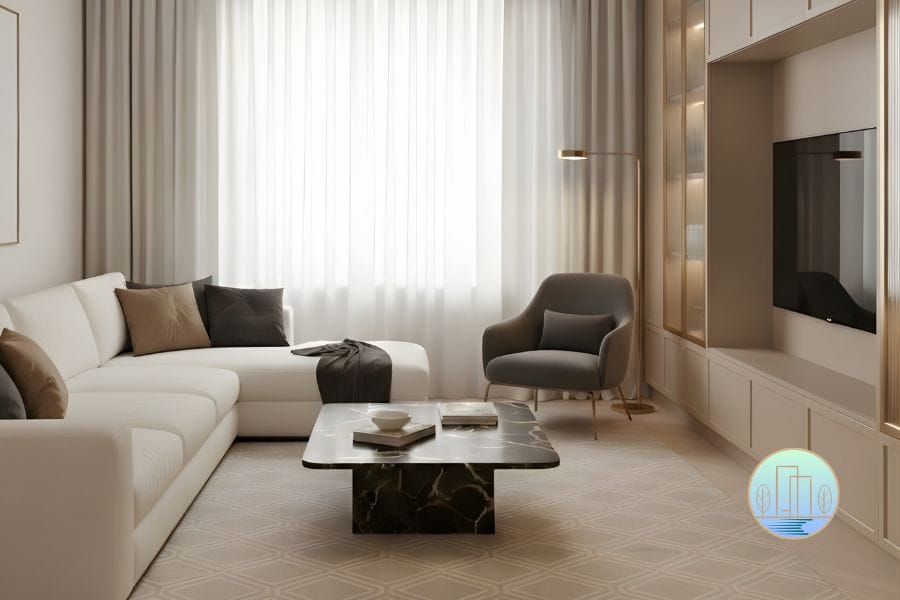 modern luxury living room in Section 17, Petaling Jaya, featuring custom tv cabinet, premium spc flooring, and curated contemporary furniture by Houz Design.