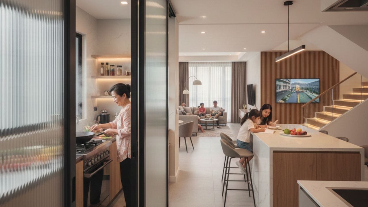 Double Story Zoning Designing for Multi-Generational Living. Modern Malaysian wet and dry kitchen design in Bangsar with flutted glass sliding doors for cooking privacy