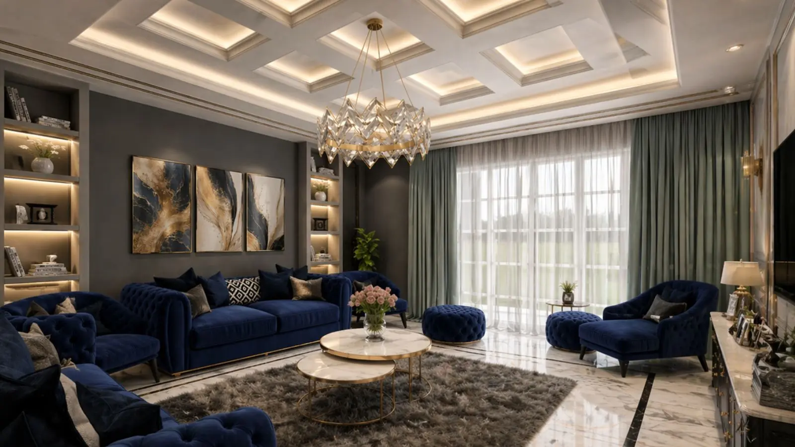 Modern Luxury bungalow house design with classic ceiling and blue velvet sofa and italian marble floor
