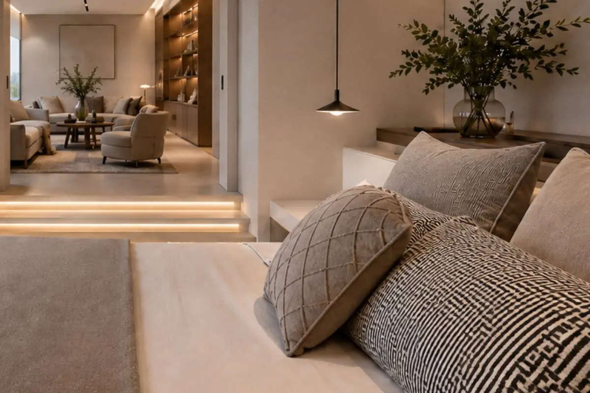 Close-up of textured neutral pillows on a bed overlooking a modern living room with illuminated stairs.