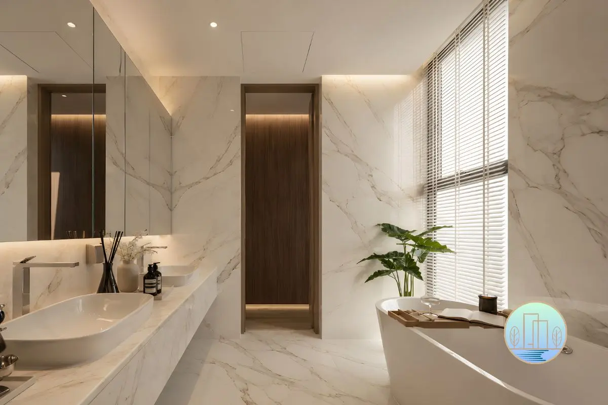 Modern quiet luxury master bathroom bungalow — Houz Design